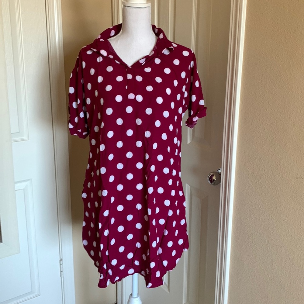 Maroon polka dot polo shirt dress